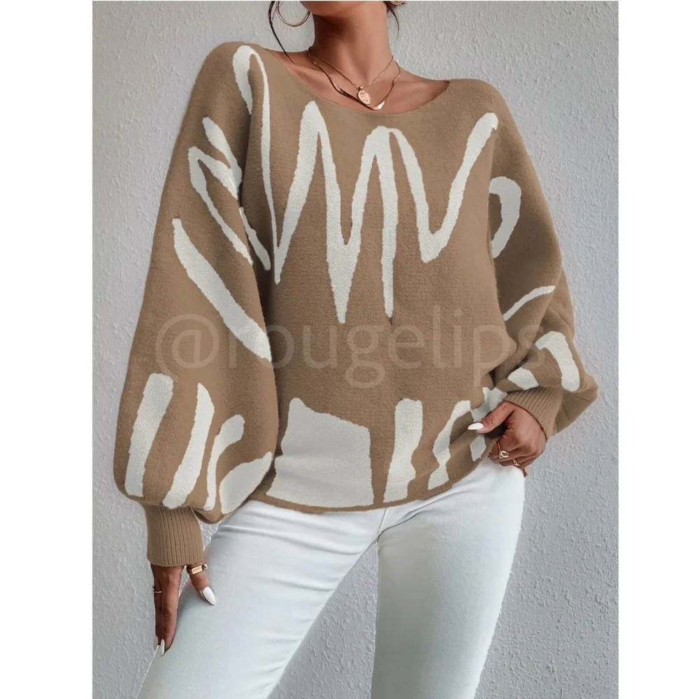 Knit Graphic Pullover Sweater Off White Tan Camel Bishop Sleeve - Picture 3 of 11